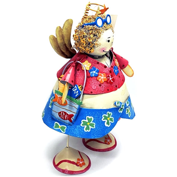 BeachCombers Bouncy Jiggle Beach Angel Metal Figurine - Polka Dot/Hibiscus Floral (9" x 6" x 4.5")