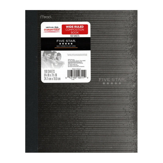 Five Star Plastic Cover Wide Ruled Composition Notebook - Black Linear Splatter (100 Sheets)