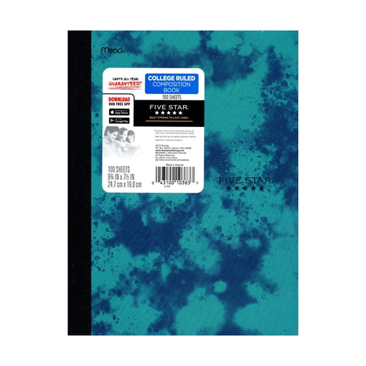 Five Star College Ruled Plastic Cover Composition Notebook - Tie Dye Blue (100 Sheets)