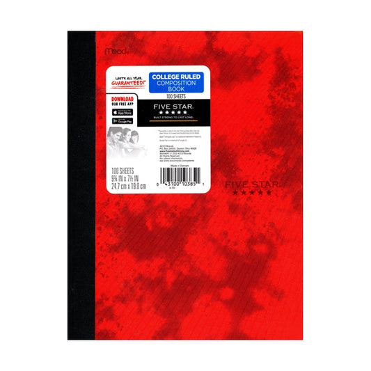 Five Star College Ruled Plastic Cover Composition Notebook - Tie Dye Red (100 Sheets)