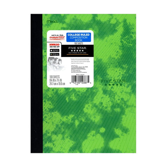 Five Star College Ruled Plastic Cover Composition Notebook - Tie Dye Green (100 Sheets)