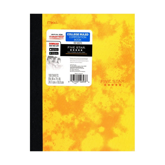 Five Star College Ruled Plastic Cover Composition Notebook - Tie Dye Yellow (100 Sheets)