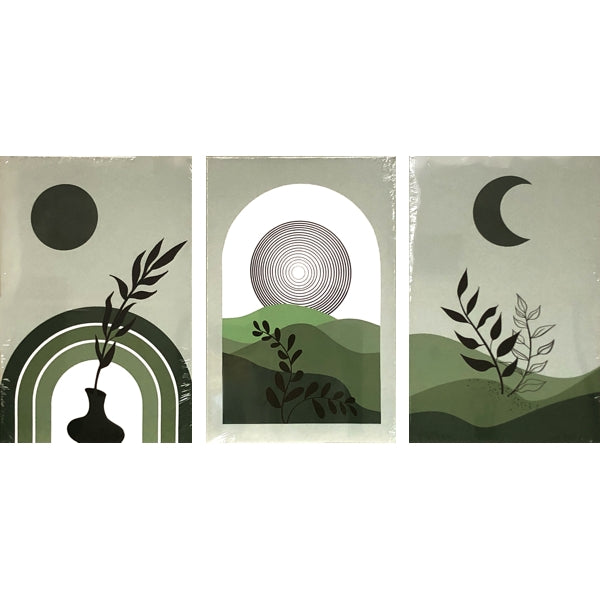 Abstract Sun and Moon Geometric Landscape 16" x 24" Canvas Wall Art - Sage Botanical (3-Piece Set) Wood Frame, Ready-to-Hang