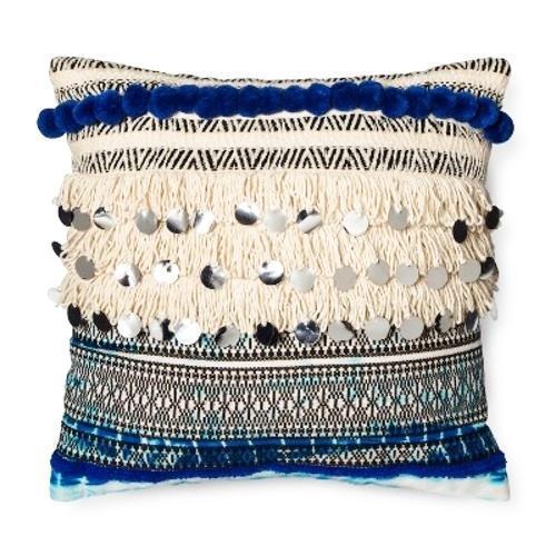 Natural Fringe and Silver Sequins Decorative Blue Throw Pillow (16" x 16") with Free Local Delivery in Champaign & Vermilion County IL.