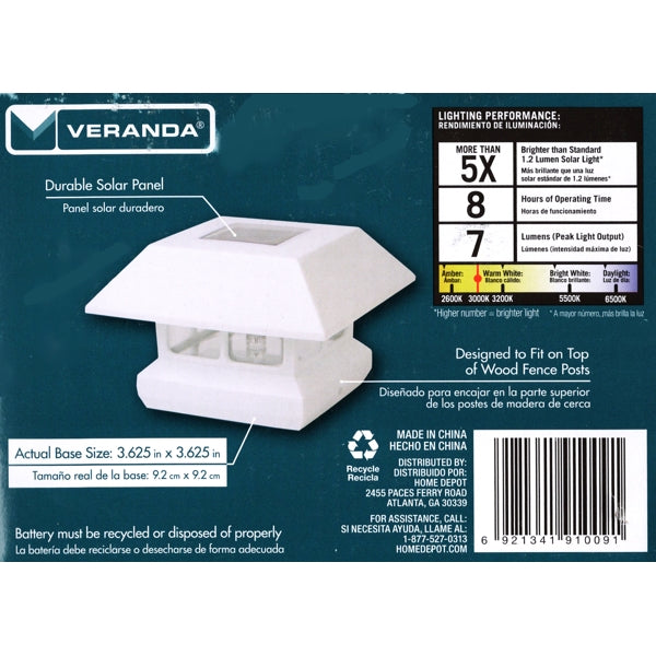 Veranda 4" x 4" LED Solar Post Cap - White (1 Count) Designed to Fit on Top of Wood Fence Posts