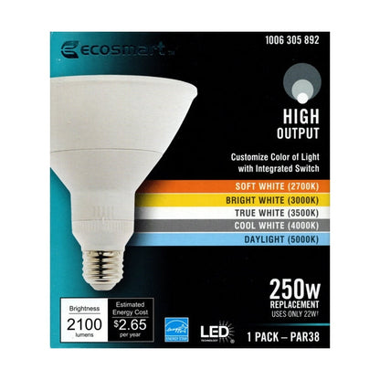 Ecosmart 22 Watt PAR38 High Output LED Flood Light Bulb (Integrated Switch on Light Bulb for Color Temp. Option) 250 Watt Replacement using only 22W