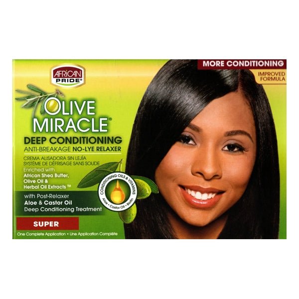 African Pride Olive Miracle Deep Conditioning Anti - Breakage No - Lye Relaxer with Post - Relaxer Treatment (Super) Enriched with African Shea Butter, Olive Oil and Herbal Oil Extracts - Dollar Fanatic