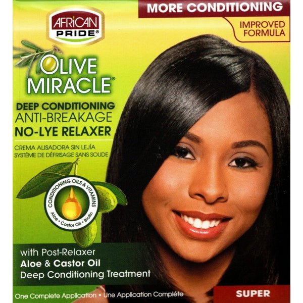 African Pride Olive Miracle Deep Conditioning Anti - Breakage No - Lye Relaxer with Post - Relaxer Treatment (Super) Enriched with African Shea Butter, Olive Oil and Herbal Oil Extracts - Dollar Fanatic