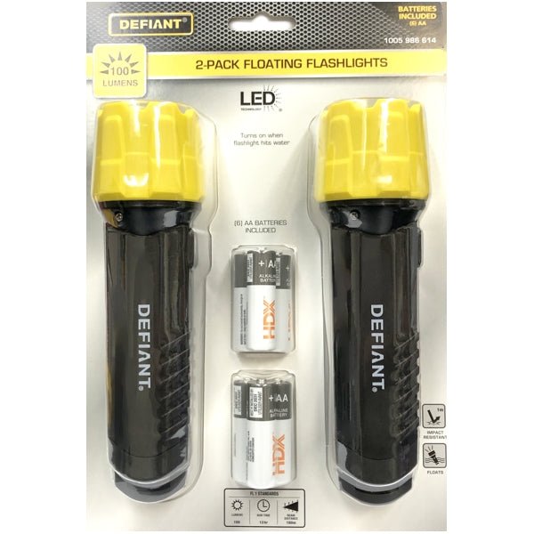 Defiant LED Floating Flashlights with Batteries Combo Pack - 100 Lumens (2 Pack) Floats in Water, Auto-on Light When in Water - Dollar Fanatic