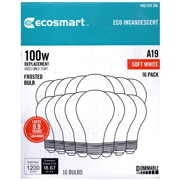 Ecosmart 72W Dimmable A19 Light Bulbs - Soft White (16 Pack) 100W Replacement using Only 72 Watts - Dollar Fanatic