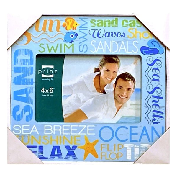 Prinz Blue Wood Picture Frame - Beach Typography Theme (Holds 6" x 4" Picture) Sun, Sand Castles, Waves, Swim, Sand, Sea Shells, Ocean, Sea Breeze Sandals, Relax - Dollar Fanatic