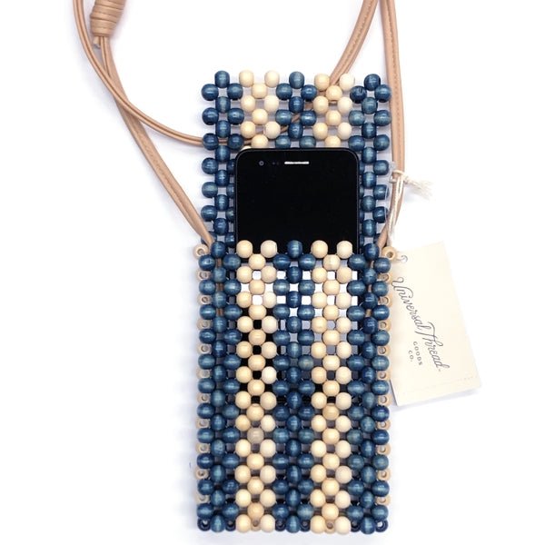 Universal Thread Cell Phone Wood Bead Crossbody Mini Purse - Blue/Cream (7.25" x 4") Faux Leather Crossbody Strap - DollarFanatic.com