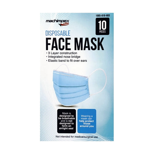 Case of 30 - Machimpex Adult 3-Ply Disposable Protective Face Masks with Ear Loops (10 Pack)